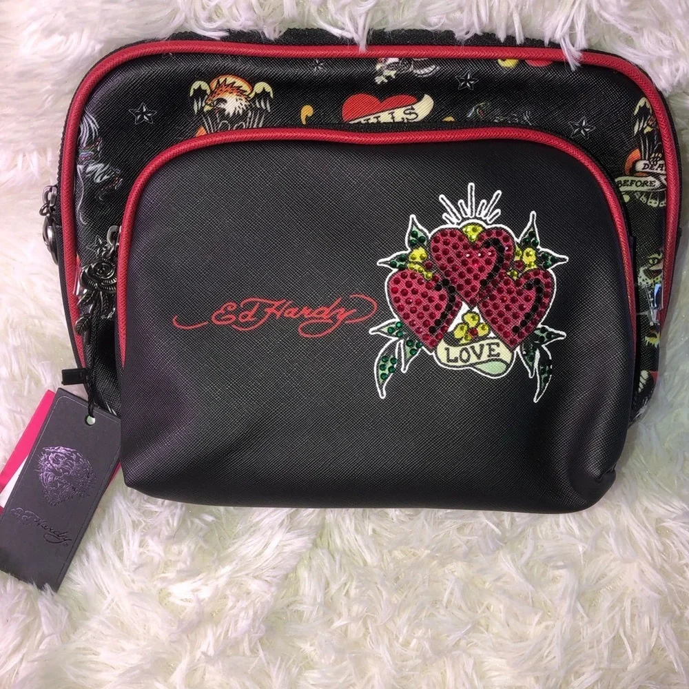 Ed Hardy Black Cosmetic Bag with Red Trim and Heart Graphic
